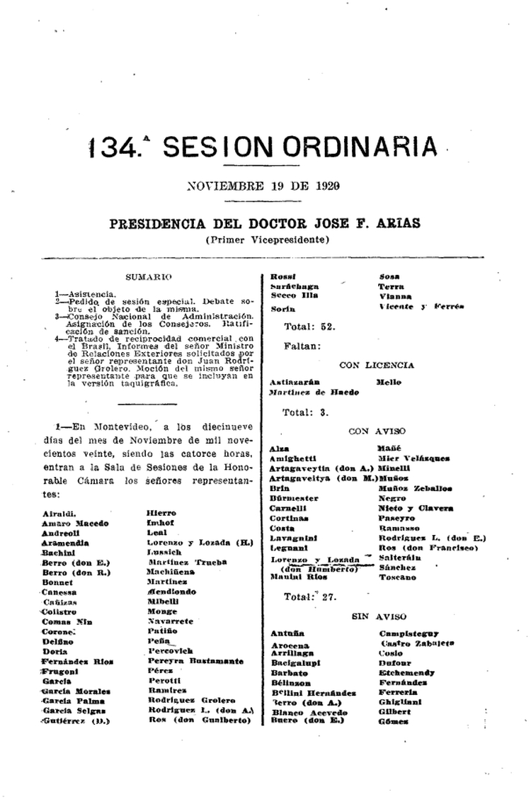 DIARIO DE SESIONES DE LA CAMARA DE REPRESENTANTES del 19/11/1920